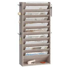 CHOEZON Wall File Organizer, 10-Tier Hanging Mail Organizer, Wall Mount File Holder with 4 Side Hooks, Industrial Mail and Storage Organizer, Wooden Vertical Hanging Holder for Office, Greige MWJ03FH