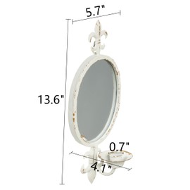 SOFE Metal Shabby Chic Wall Sconces Set of Two Candle Holder, Oval Mirrored Wall Candle Holder for Taper Candles, Iron White Candle Sconces for Living Room, Farm House Home Decor