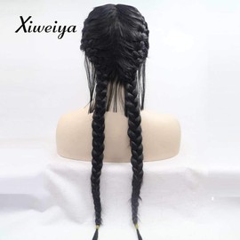 Xiweiya Long Black Double Braids Wigs Synthetic Braided Lace Front Wigs with Baby Hair Wig Heat Resistant Fiber Middle Part Wig for Women Girls 24 inch