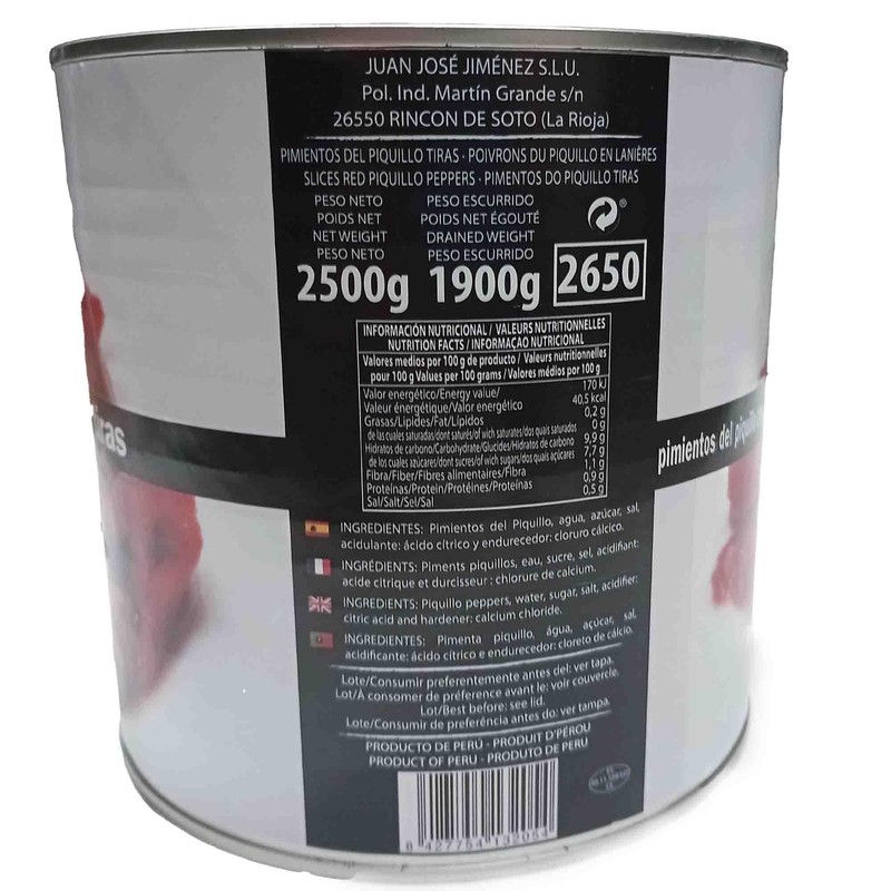 Sliced Roasted Piquillo Spanish Red Peppers strips 2.5kg tin
