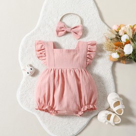 Yanmucy Baby Girls Cotton Rompers Newborn Toddler Ruffle Sleeveless Backless Bodysuit with Headband Summer Baby Overall Outfits 0-18 Months (Pink, 12-18 Months)