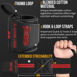 EVO Fitness Pair of 18” Deep Black Weight Lifting Wrist Wraps Support Elasticated Cotton Straps Thumb Loop Powerlifting Bodybuilding Strength Gym Training Workout (Black/Red)