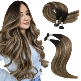 Moresoo Real Hair Extensions Bondings Black Hot Fusion Bonding Hair Extensions Keratin Bondings 40 cm U-Tip Extensions Real Hair Remy Black to Brown with Caramel Blonde 50 g / 50s #1B/3/27