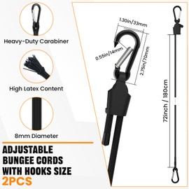 Adjustable Bungee Cords with Hooks 72 Inch Long Superior Latex Heavy Duty Elastic Straps for Outdoor Tent, Luggage Rack, Camping, Cargo, Bike, Transporting, Storage [2PCS, Easy to Adjust 8" - 75"]