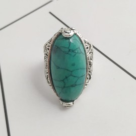 XRCXBLSC Retro 925 Sterling Silver Turquoise Ring Native-Inspired Imitate Turquoise Stone Statement Rings Boho Style Female Dainty Jewelry Wedding Engagement Band Promise Ring Gift O