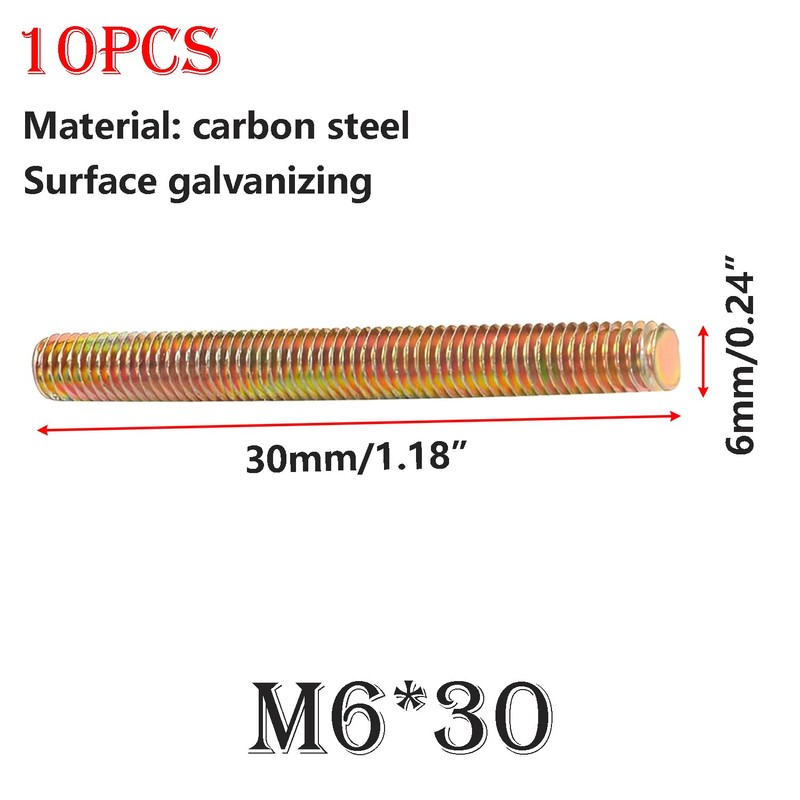 Qrity 10PCS M6 x 30mm Fully Threaded Rods, Coloured Zinc