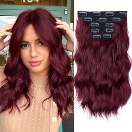 KooKaStyle Clip in Hair Extensions 6PCS Burgundy Synthetic Hair Extensions Soft Wavy Curly Hairpieces for Women 14Inch(Burgundy)