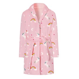 Umeyda Girl Robe, Soft Warm Shawl Collar Flannel Bathrobe with Belt Pockets Gift for Little Big Kid, Pony Pink，10-12Y