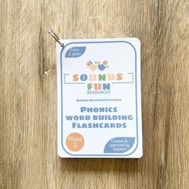 Phase 2 Word Building Phonics Flashcards, Wipeable A6 Educational cards for Children Ages 3+, Laminated with Binder Ring & Pen, Dotted Font & Word Building Frames, Home & School, Sounds Fun Resources