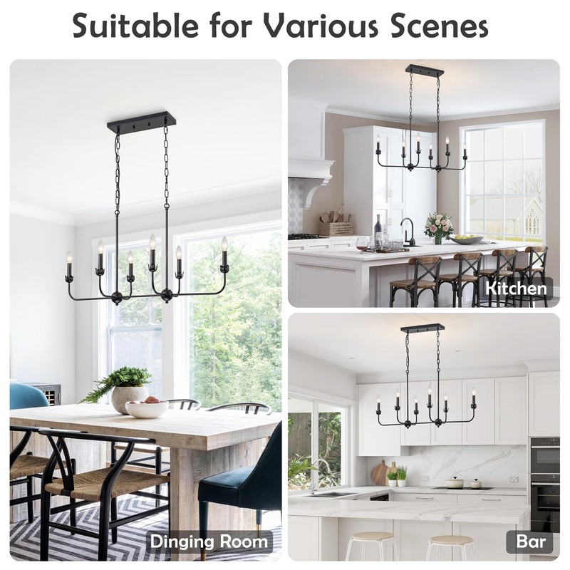LMSOD Modern Black 6-Light Linear Chandelier, E12 Base, Adjustable Chain