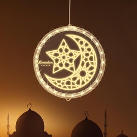 ALIBBON 3D Ramadan Kareem Lights Moon Star LED Lights Eid Mubarak Window Lights Islamic Muslim Style Hanging Lights with Suction Cup Battery Operated Eid Lights Ramadan Decorations for Home