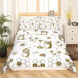 Feelyou Honeycomb Bedding Set Queen Size Kids Bee Print Geometrical Comforter Cover Set for Boys Girls Teens Hexagonal Floarl Flowers Duvet Cover Beehive Bedspread Cover Room Decor