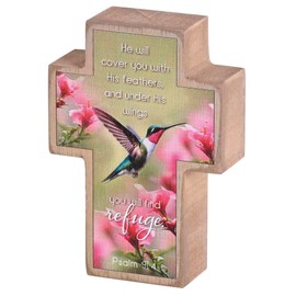 Dicksons Hummingbird - He Will Cover You With His Feathers - Psalm 91:4-4 x 2.75 Inch Brown/Pink MDF Wood Tabletop Block Cross Sign