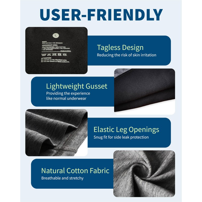 REELINDRY Mens Incontinence Underwear Washable, 2.3 oz Absorbent Leak Proof