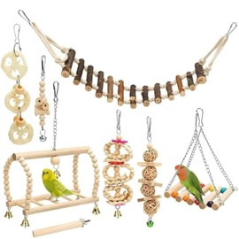 Zixrmor Wooden Bird Cage Budgie, Parrot Bird Chewing Natural Wood Hanging Swing and Jumping Budgie Accessories, Pack of 8 Bird Toys (Geometric)