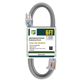 EP 6 Ft Lighted Outdoor Extension Cord - 12/3 SJTW Heavy Duty Grey Extension Cable with 3 Prong Grounded Plug - Power Cord for Lawn, Garden, Appliances