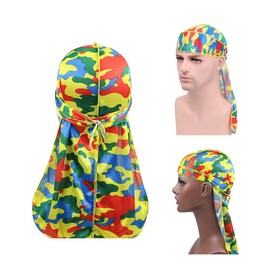 Militar camuflaje Premium sedoso Durags con cola larga colorida 360 ondas Doo trapo para hombres Du trapo Cap (3/4 paquete), Set6-sedoso-3 empaquetado., Medium