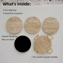 YONGHEE Italy Travertine Marble Coasters with Holder [5 Pcs] Round Beige Stone Drink Coasters Backed with Velvet for Coffee Table Protection, Luxury Modern Coaster Set Ideal Home Decor and Gift