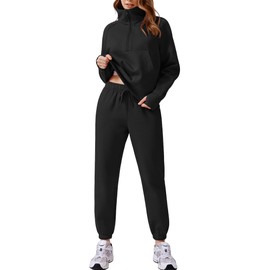 PINSPARK Womens Two Piece Sweatsuit Set Half Zip Fleece Sweatshirt Joggers Sweatpants Fall Outfits Tracksuit,Black Medium