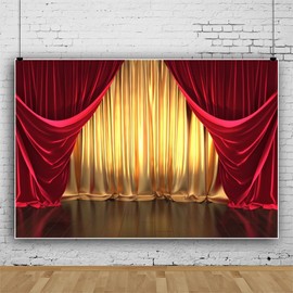 Gold Red Curtain Backdrop Retro Theater Concert Stage Photography Background Interior Theatre Graduation Birthday Wedding Festival Celebration Party Backgrounds Photo Booth Props Vinyl 7x5ft