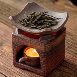 Ceramic Essential Oil Diffuser and Wax Melt Warmer, Aromatherapy Candle Stove Teapot Warmer, Handmade Zen Decor Incense Burner Palo Santo Holder for Home Fragrance Room (Brick Square)