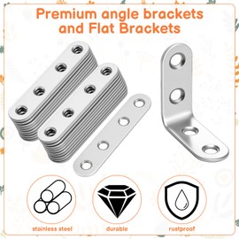 44Pcs Metal Brackets for Wood, L Shaped Right Angle Bracket and Flat Bracket Set Stainless Steel Mending Plates Corner Brackets for Wood Furniture Fixation, 2 Style