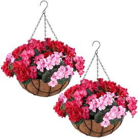 Lyrow 2 Pack Artificial Hanging Flowers in Basket Fake Porch Plants Artificial Hydrangea Arrangement in 12 inch Coconut Lining Hanging Basket Flower Hanging Basket for Outdoors Indoors (Mixed Colors)