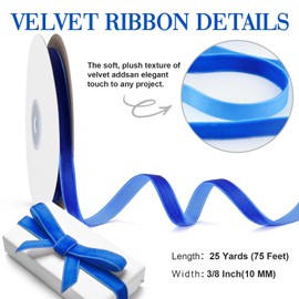 Blue Velvet Ribbon 3/8 Inch x 25 Yards: Velvet Ribbons for Gift Wrapping Mother's Day & Wedding Flower Bouquet Packaging, Bow Making Valentines Decorations and Wreath Crafts Decoration