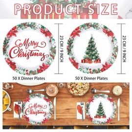 Greencian 50Pcs Christmas Paper Plates 9" Poinsettia Flower Xmas Tree Plates Disposable Poinsettia Floral Platter Dinner Tableware for Merry Christmas Winter Holiday Xmas Party Decorations