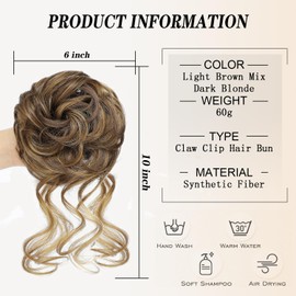 MSMUSAS Messy Bun Hair Piece Claw Clip Hair Buns Hair Piece Tousled Updo Messy Bun Scrunchie Long Beard Curly Wavy Hair Bun Extension for Women(Light Brown Mix Dark Blonde)