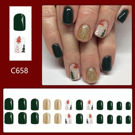 Christmas Press on Nails Short Square Dark Green Fake Nails Acrylic Nails Kit with Color Christmas Tree Design Full Cover Gold Glitter False Nails Artificial Glue on Nails for Women Girls 24Pcs