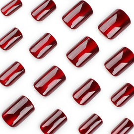 Extra Short Press on Nails Square Fake Nails Short with Dark Red Designs French Tip False Nails Short Round Full Cover Glue on Nails Glossy Acrylic Thick Stick on Nails for Women Girls 24Pcs JP3260