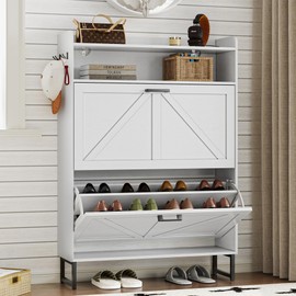 BORNOON Shoe Cabinet with 2 Flip Drawers Narrow Shoe Storage Cabinet Organizer Wooden Freestanding Shoe Rack Hidden Slim Shoes Storage Cabinet for Entryway, Hallway, Bedroom