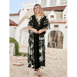 LA LEELA Women's African Beach Maxi Plus Size Caftan Casual Long Slit Dress Loungewear Dashiki Dresses for Women 2X-3X Leaves, Black, Leaves Black, 2X-3X