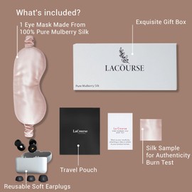 LaCourse Adjustable 22Momme 100% Mulberry Silk Sleep Mask with Ultra-Comfy Earplugs, Highest Grade 6A Silk Eye Mask for Sleeping with Adjustable Strap, Pure Silk fibers Filler (Pink)