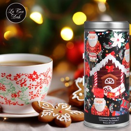 Holiday Tea Collection by La Tea Dah - Gingerbread Tea | Cute Reusable Christmas Tea Tin | Caffeine Free Herbal Blend | Gourmet Ginger Tea (12 Sachets)