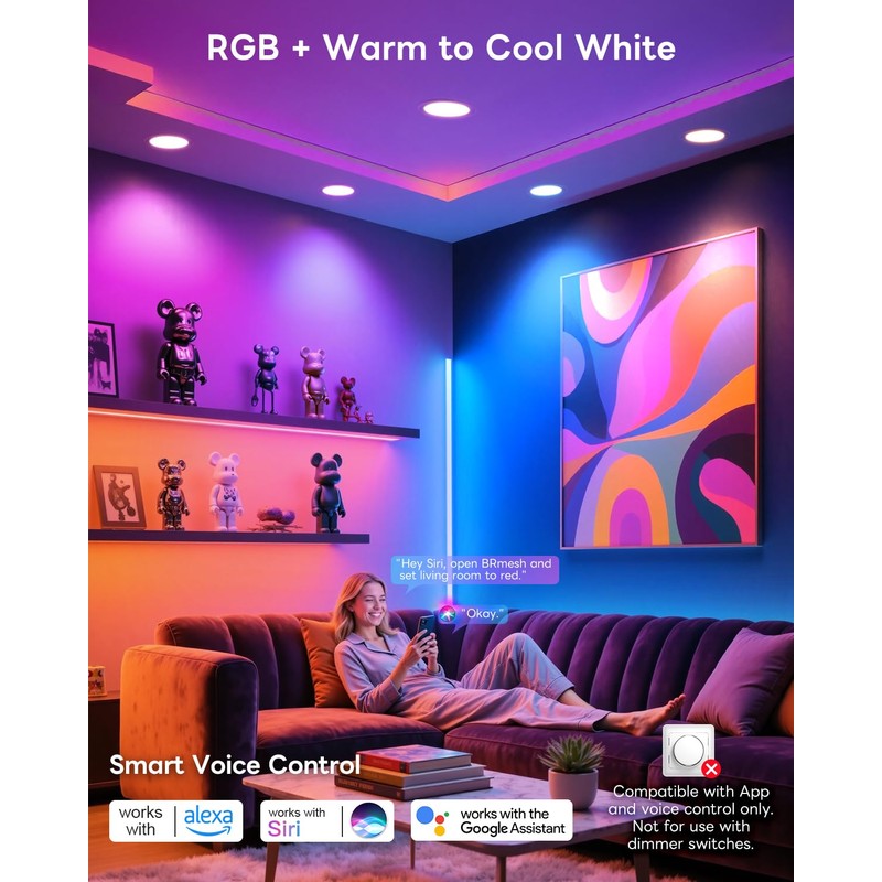 Smart Recessed Lighting 6 Inch, RGBCW Color Changing Canless Recessed