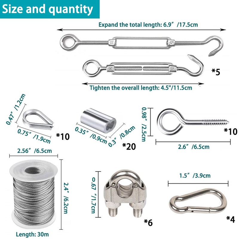 Generic Steel Wire Cable Turnbuckle Hanging Kit, 98FT 304 Stainless