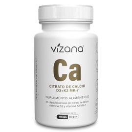 VIZANA NUTRITION | Citrato de Calcio en Cápsulas HPMC Vegetarianas (150 Caps-530 mg), adicionado con Vitamina D3 y Vitamina K2-mk7, Origen Citrato: Alemania