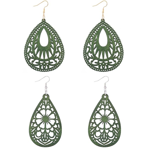 Yiqeenho Wood Earrings for Women 2 Pairs Natural Wooden Waterdrop