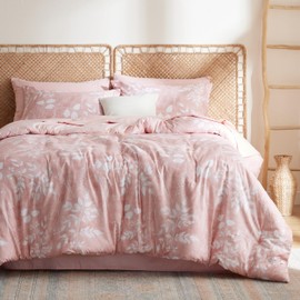 Bedsure Queen Comforter Set - 7 Pieces Floral Pink Soft Bedding Sets, Queen Bed in a Bag with Botanical Flowers Comforter, Sheets, Pillowcases & Shams