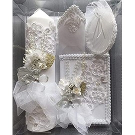 Baby Boys and Girls Baptism Candle Set for Christenings with Shell, Rosary, Missal Book, Handkerchief #C703 Spanish