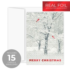 Masterpiece Snowy Trees And Cardinals Christmas Cards / 15 Winter Holiday Cards Set With Glitter And Red Foil With White Envelopes / 5 5/8" x 7 7/8" Sparkling Snow Greeting Cards With Inside Verse