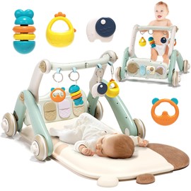 Jovow 2 in 1 Baby Gym with Walker,Baby Play Mat with 4 Infant Learning Sensory,Double-Sided Multifunctional Removable Play Piano Panel,Sit-to-Stand Learning Walker for 0-24 Months Boy Girl [White]