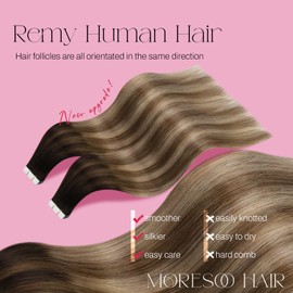 Moresoo Tape in Extensions Human Hair Balayage Dark Brown to Brown Mix with Blonde Tape in Hair Extensions Ombre Human Hair Extensions Glue in Real Hair Extensions 20 Inch #4/10/16 20pcs 50g