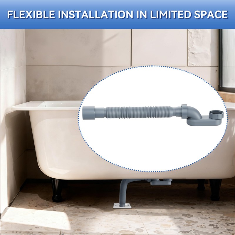 Flexible Freestanding Tub Drain Kit, Low Profile Flat P Trap