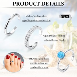 MILACOLATO 3Pcs Sterling Silver Toe Rings for Women 18K White Gold Plated Turquoise Cubic Zirconia Simple Band Toe Rings Hypoallergenic Adjustable Toe Rings Summer Beach Foot Jewelry Set