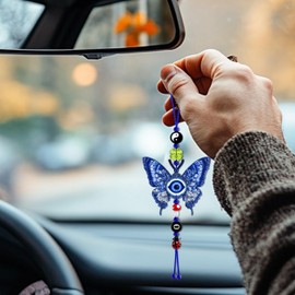 Evil Eye Car Hanging Ornament, Good Lucky Days Charm, 8 Ball Mushroom Four-Leaf Clover Ladybug Yin Yang Symbol Pendant for Car Rear View Mirror, Cute Boho Decor Accessories (Evil Eye)