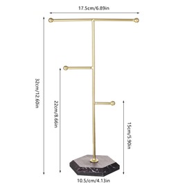Qaeoity Jewelry Organizer Marble Necklace Stand T-Bar Plated Metal Tabletop Jewelry Organizer Tower for Bracelets, Necklaces and Earrings(Gold)