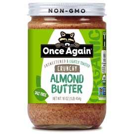 Once Again Organic Crunchy Almond Butter, 16oz - Lightly Toasted - Salt Free, Unsweetened - USDA Organic, Gluten Free Certified, Peanut Free, Vegan, Kosher, Paleo - Glass Jar